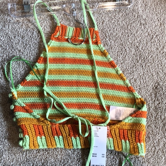 NWT Urban Outfitters crochet halter top open back adjustable tie mint and orange - Picture 3 of 8